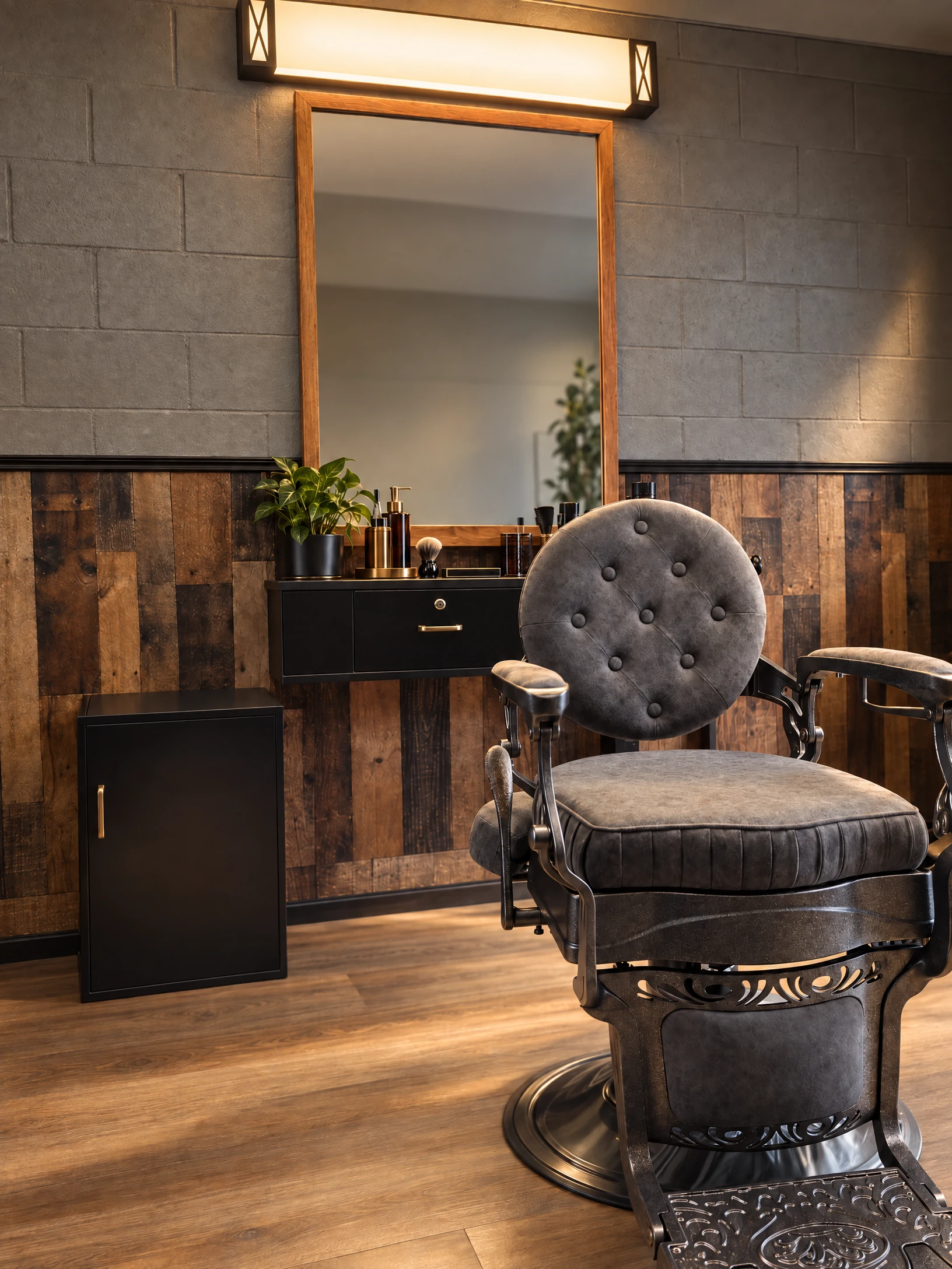 The ornate black barber chair and warm wood studio at Arcadia Barber Collective